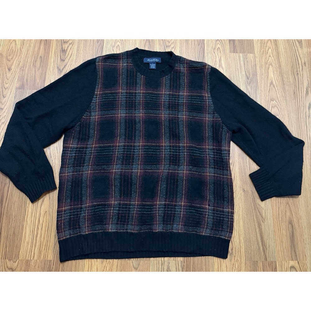 Brooks Brothers Sweater Mens Large Plaid Lambswool Cashmere Blend Crew Neck